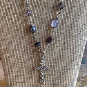 Sterling Silver Natural Semi Precious Stones Pearl Cross Necklace